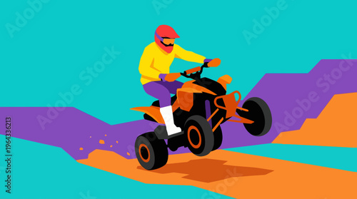 A vibrant, stylized illustration of a person riding an orange quad bike, performing a wheelie on an off-road track with colorful abstract background.