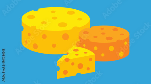 Illustration of various cheese types including two round wheels and a triangular wedge, all with characteristic holes, set against a solid blue background.