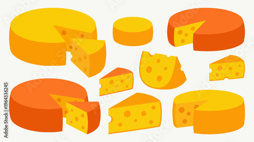 An assortment of various types and shapes of cheese, including whole wheels and cut wedges, displayed in yellow and orange hues with characteristic holes.
