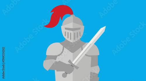 Flat design illustration of a medieval knight in full armor with a red plume, holding a sword against a vibrant blue background.