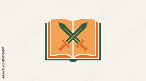 An open book with two crossed swords on its pages, symbolizing knowledge and conflict, rendered in a flat, minimalist graphic style.