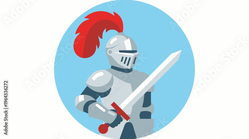 A knight in shining armor holding a sword with a red plume on his helmet, depicted in a flat design style.