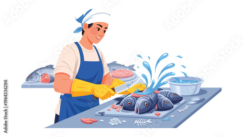 Fresh Seafood Preparation: A skilled fishmonger expertly prepares fresh seafood, meticulously cleaning and filleting fish.