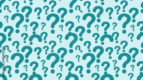 A seamless pattern of numerous teal question marks scattered across a light blue background, symbolizing inquiry, mystery, and the unknown.