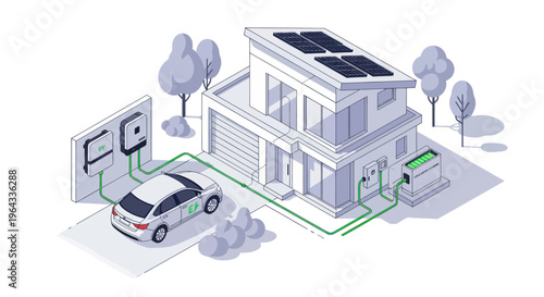 Modern house with solar panels and electric car charging station.
