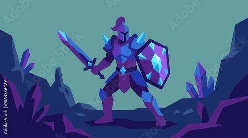 A stylized fantasy knight in glowing blue and purple crystal armor, wielding a sword and shield amidst a dark, rocky landscape with glowing crystals.