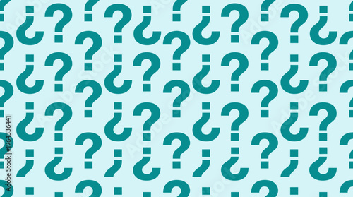 Seamless pattern of teal question marks and inverted question marks on a light blue background, representing inquiry and mystery.