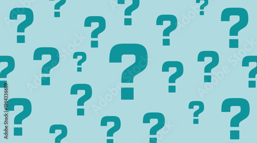 A pattern of numerous teal question marks of varying sizes scattered across a light blue background, symbolizing inquiry and uncertainty.