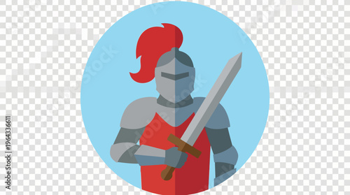 Flat design illustration of a medieval knight in full armor holding a sword, depicted within a blue circular frame.