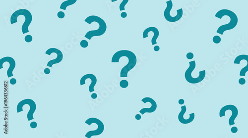 A light blue background filled with a random pattern of teal question marks, some inverted, symbolizing inquiry and confusion.