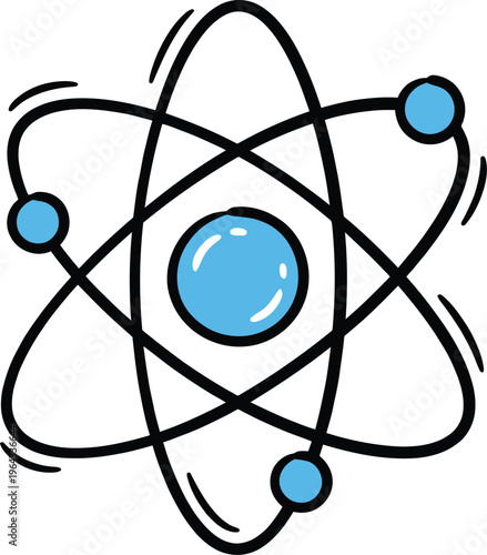 Vector graphic illustration of an atom with blue electrons and nucleus