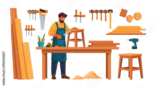 Crafting Legacy: A skilled carpenter meticulously working on wooden furniture surrounded by his tools, showcasing traditional craftsmanship.