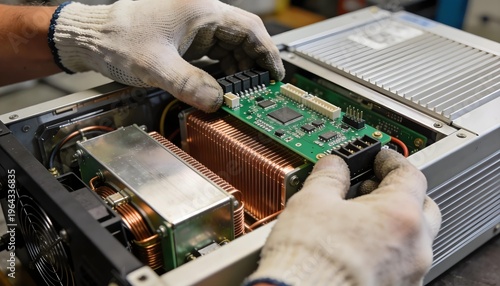 Close-up of gloved hands installing a printed circuit board with copper heatsinks into an industrial power inverter casing.