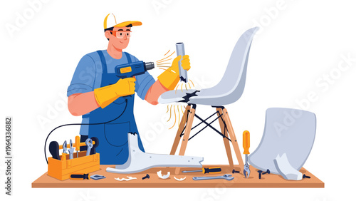 Chair Restoration Workshop: A skilled artisan meticulously restores a modern chair in a well-equipped workshop, demonstrating the art of furniture repair and craftsmanship.