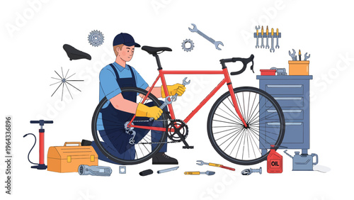 Bike Mechanic at Work: A skilled mechanic meticulously repairs a bicycle in a workshop, showcasing expertise with tools and parts for optimal performance and safety.
