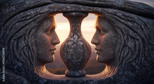 Stone sculpture of two faces.