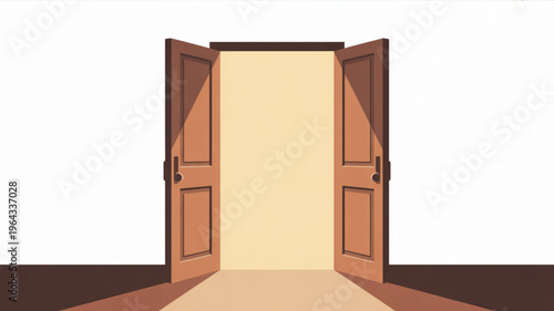 Open wooden doors leading to a bright interior space with warm lighting and brown floor