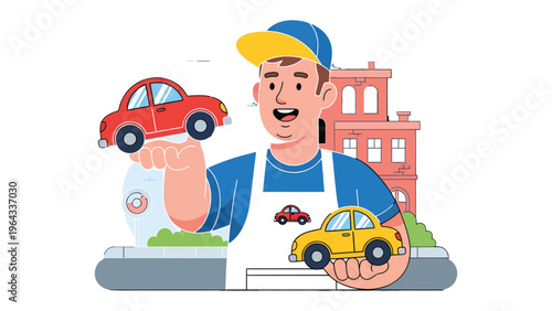Joyful Car Mechanic: A skilled and happy mechanic proudly displays toy cars in an animated scene, showing dedication to their craft. 