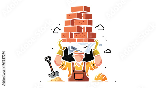 Brick Layer's Labor: An illustration of a construction worker meticulously balancing a towering stack of bricks, symbolizing the hard work and craftsmanship of building.