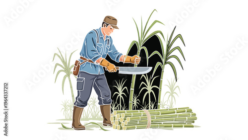 Sugar Cane Harvest: A field worker diligently harvests sugar cane, expertly wielding a machete in a vibrant field setting.