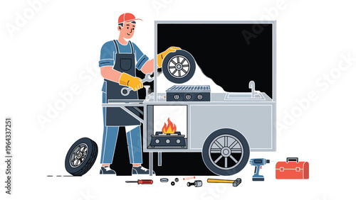 Mechanic at Work: A skilled mechanic meticulously repairs a vehicle, changing the tire and working on the engine with focused precision. 