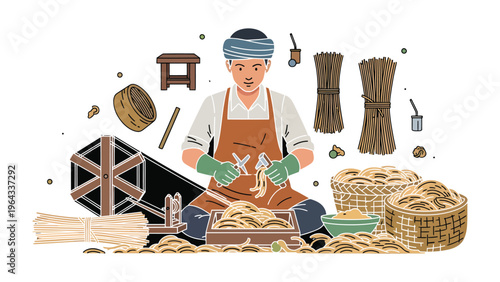 Artisan at Work: An artisan meticulously crafting natural fiber, showcasing traditional craftmanship and cultural heritage. This illustration highlights skill, dedication.