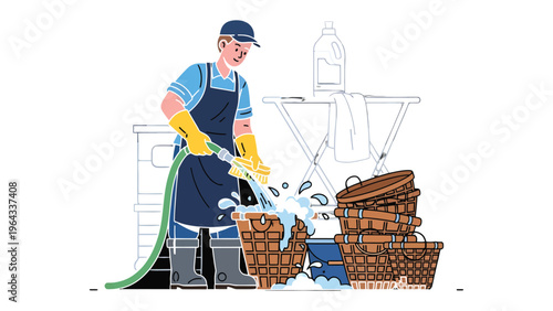 Cleaning Time: A dedicated individual meticulously cleans baskets with a water hose, their focused expression reflecting the commitment to hygiene and cleanliness. 