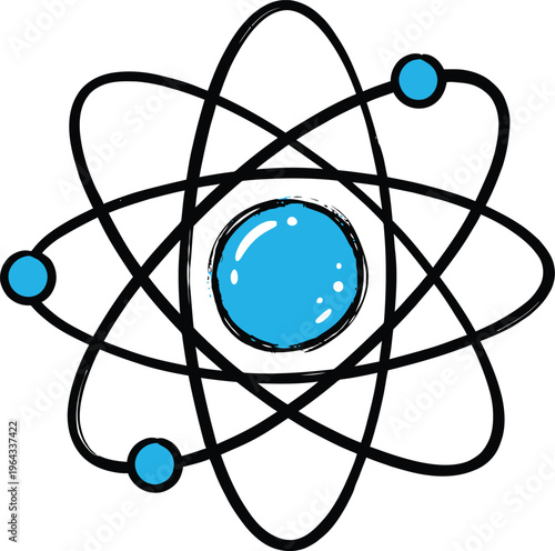Vector graphic illustration of a simple blue atom with black orbits and electrons