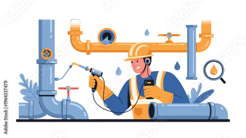 Pipeline Repair: A skilled technician diligently repairs a complex pipeline, expertly wielding his tools and ensuring the integrity of the system in an illustrated representation.