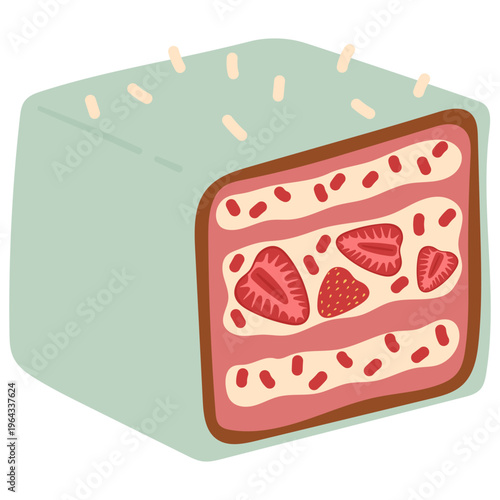 Square slice of strawberry cake with cream layers and berry filling. Minimal flat style illustration perfect for bakery design, dessert menus, packaging, and sweet food concepts