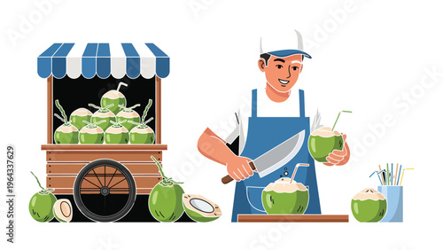 Coconut Vendor's Stall: Capturing a tropical essence, the scene reveals a vendor preparing fresh, refreshing coconuts.