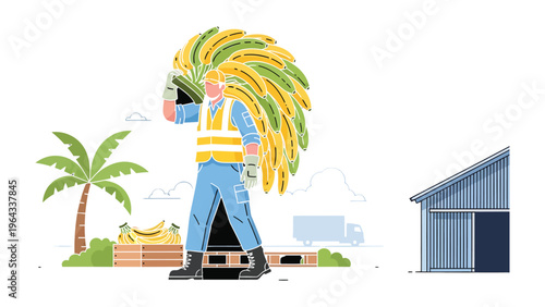 Banana Harvest: A worker bears a heavy load of bananas, walking with purpose towards a warehouse, embodying the essence of labor, harvest, and agricultural industry.