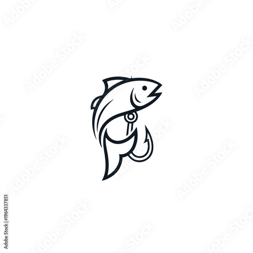 Minimalist fishing logo featuring a simple fish combined with a fishing hook