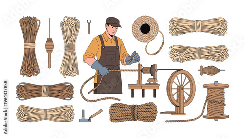 Artisan at Work: An artisan meticulously crafts rope, his focus and expertise evident as he skillfully operates his tools, demonstrating the art of traditional craftsmanship.