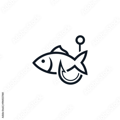 Minimalist fishing logo featuring a simple fish combined with a fishing hook