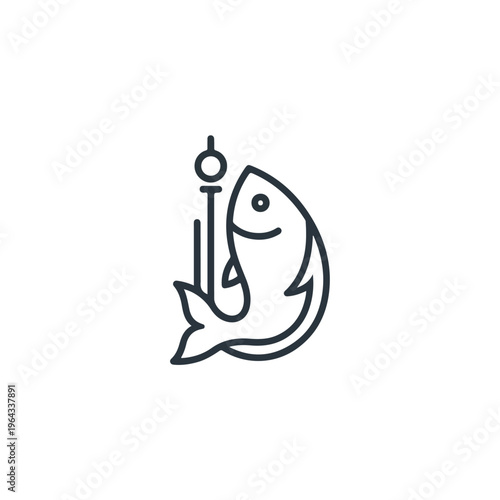 Minimalist fishing logo featuring a simple fish combined with a fishing hook