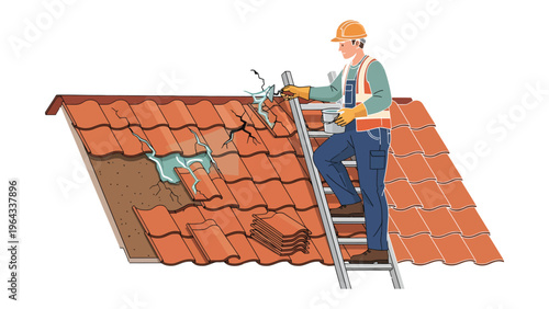 Roof Repair: A skilled tradesman, perched on a ladder, meticulously repairs a damaged roof, showcasing expertise and dedication in preserving structural integrity.