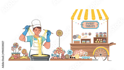 Sweet Treats: An artisan meticulously crafts sweet delights at a charming sweets stall, the scene radiating with the joy of creation and the allure of sugary confections.