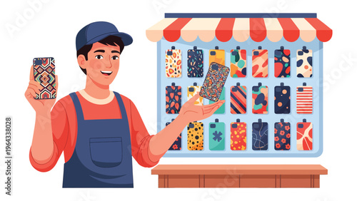 Artisan with Vibrant phone case: A friendly artisan presents an array of artistic phone cases, his craftsmanship evident in the intricate designs and lively colors.