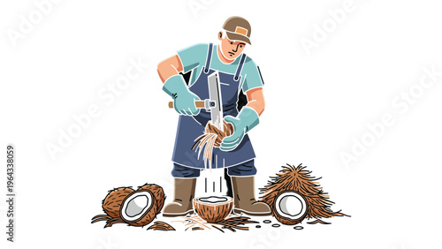 Coconut Artisan at Work: A skilled artisan meticulously extracts the pure essence from coconuts. Each precise cut reveals the refreshing fruit within, embodying the dedication to this age-old craft.