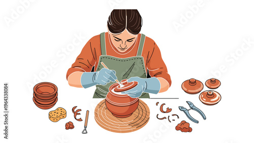 Artisan at Work: An artisan meticulously shapes and refines a clay pot, showcasing the artistry of pottery and the dedication to craftsmanship.