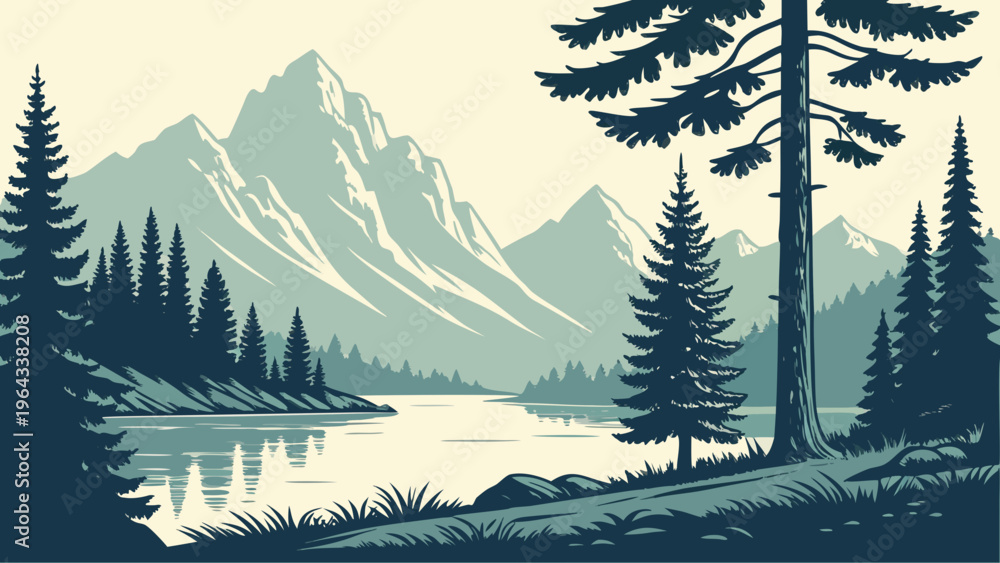Fototapeta premium Mountain Lake Pine Forest Northern Spain Nature Vector