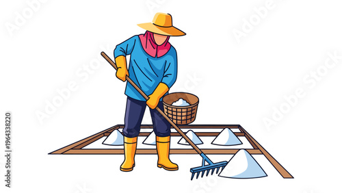 Salt Farmer at Work: An industrious salt farmer, equipped with a wide-brimmed hat, diligently rakes the harvested salt. Witness the artistry of the salt field and the embodiment of hard work.