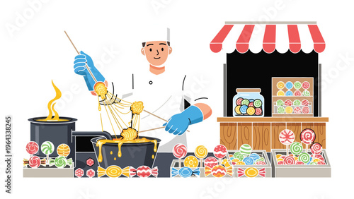 Candy Artisan: A skilled candy artisan meticulously crafts colorful confections at an inviting candy stand, showcasing a vibrant display of handcrafted sweets.