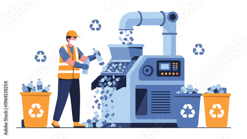 Recycling Plant Automation: An animated recycling plant scene, highlighting a masked worker managing the automated process of waste management and environmental responsibility.