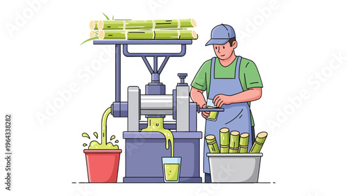 Sugarcane Juice Production: A worker efficiently operates a sugarcane juicer, extracting refreshing juice. Capturing the essence of traditional beverage preparation.