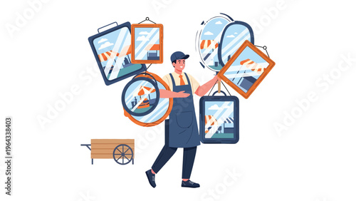 Artisan and Mirrors Display: An artisan expertly showcases a collection of mirrors, each reflecting different landscapes, creating a stunning display of artistry and craftsmanship.