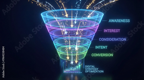A funnel shape glowing with energy showing sales process concept. A digital marketing funnel illustrating stages of customer journey.
