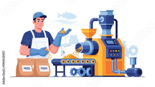 Automation of Fish Feed Production: An illustration showcases a worker monitoring automated machinery in a fish feed production facility, symbolizing the efficiency and innovation in aquaculture.