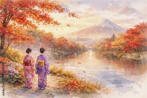 Japanese Watercolor Travel Landscape with Mount Fuji, Kimono Women and Sakura Flowers